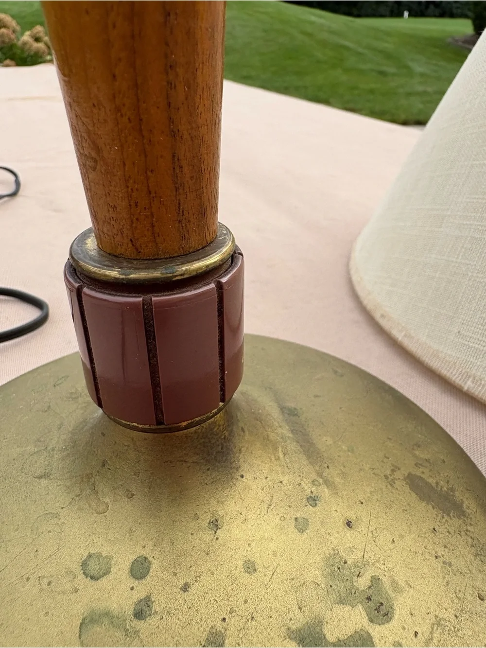 Mid-Century Style Wood & Brass Table Lamp with Cream Shade